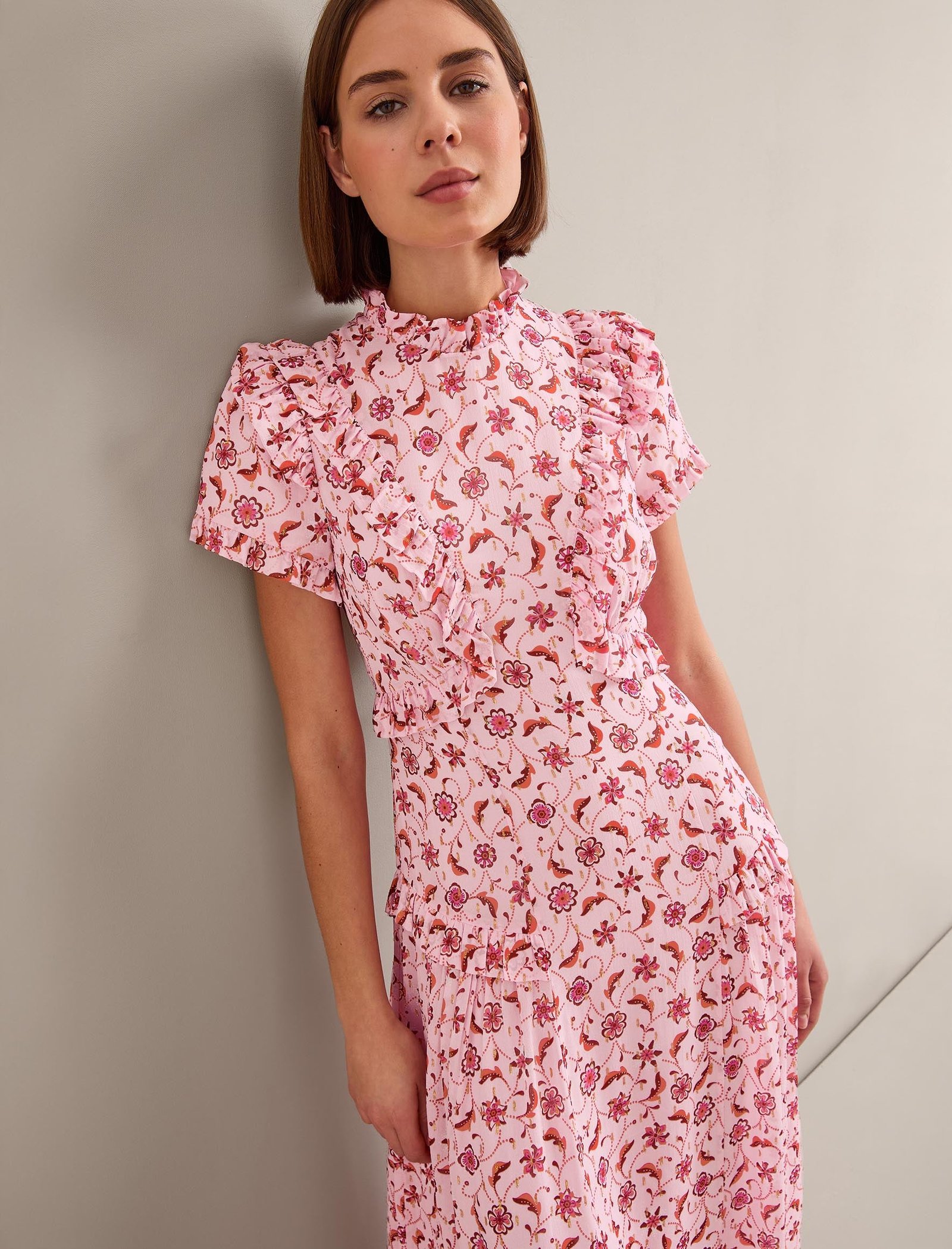 Mirabel Gold Metallic Fil Coupé Maxi Dress - Pink Floral Trellis Print - Image 3