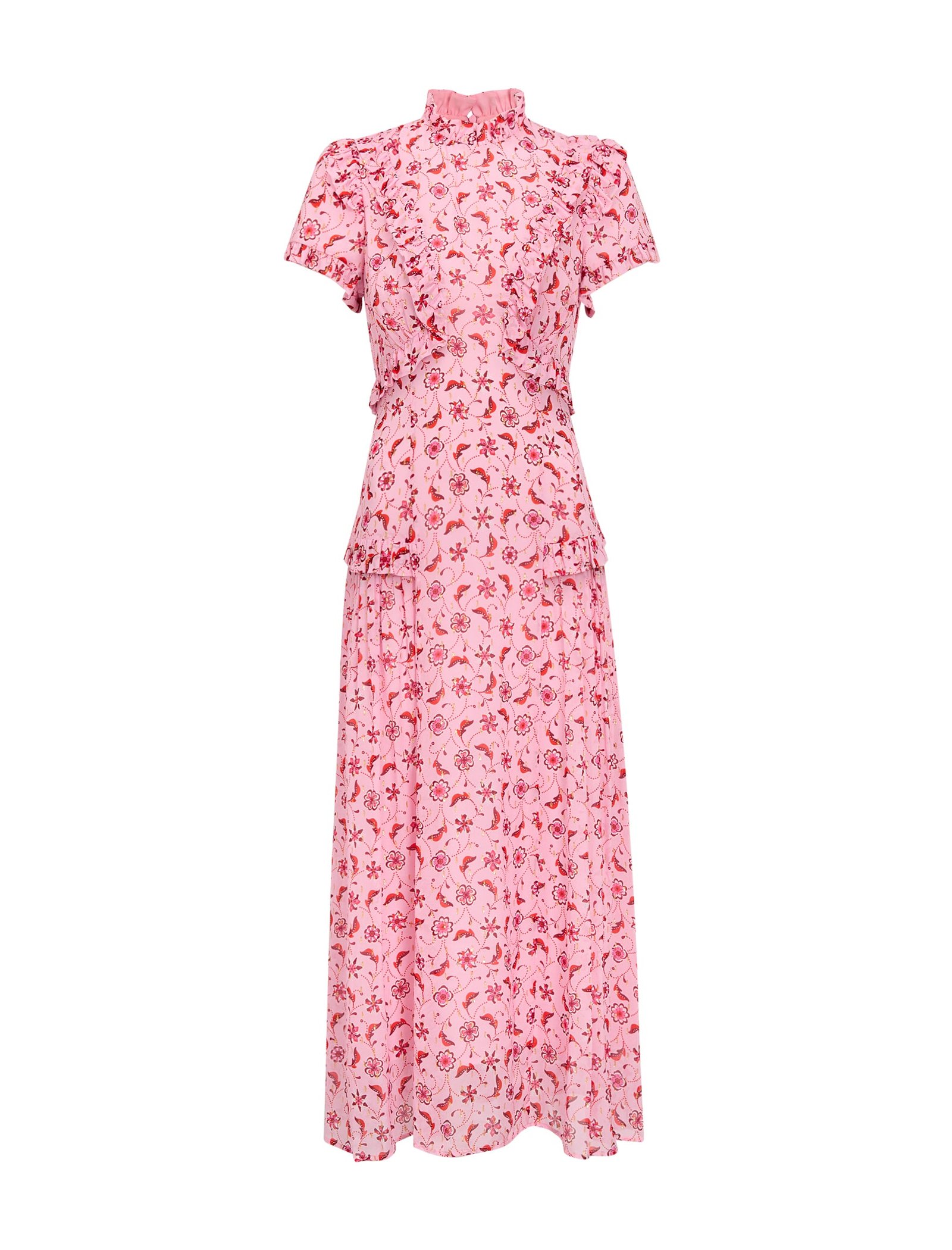 Mirabel Gold Metallic Fil Coupé Maxi Dress - Pink Floral Trellis Print - Image 11