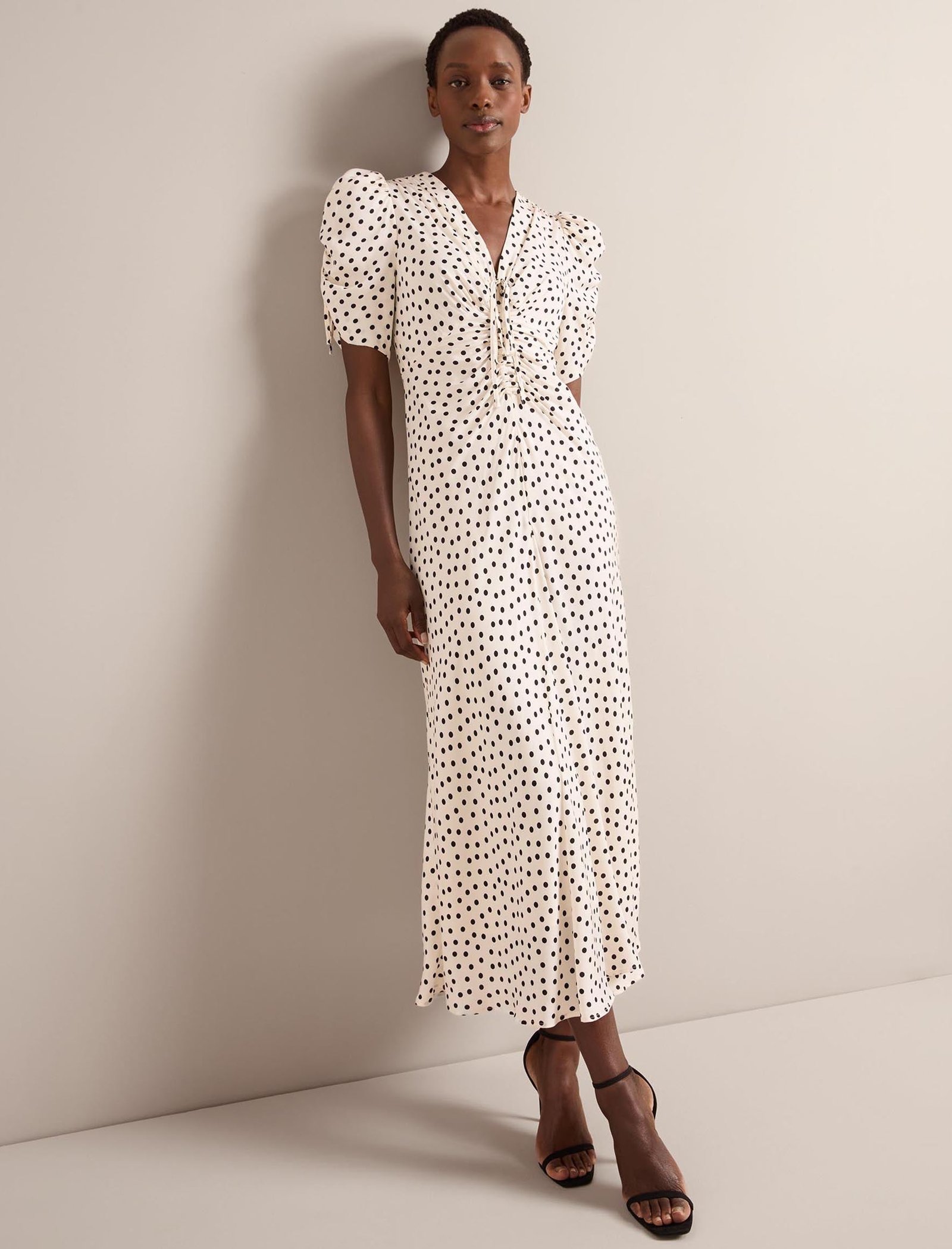 Ophelia Bias Cut Maxi Dress - Ecru Black Polka Dot Print - Image 7